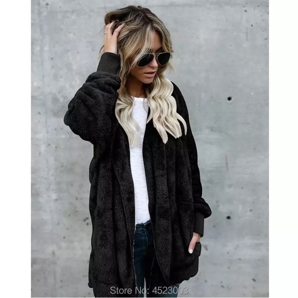Women Black hooded Teddy oversized plush jacket long sleeve faux fur coat - Picture 1 of 8